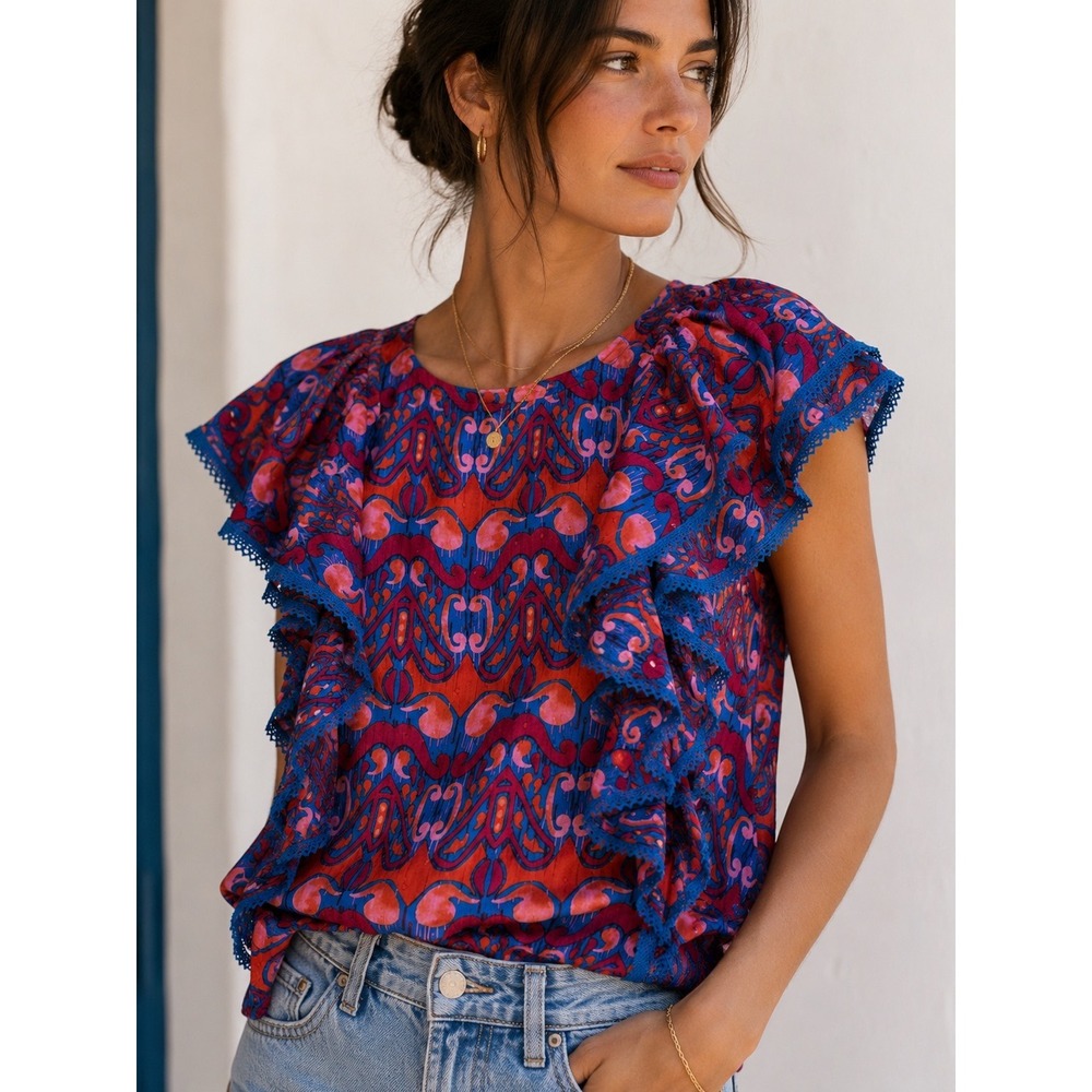 Marc New York Jeans Blouse Womens Medium Red Blue Ruffle Lace Trim MJ4MT596
